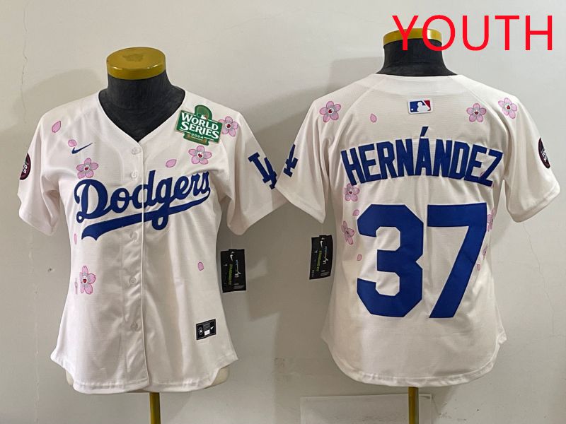 Youth Los Angeles Dodgers #37 Hernandez Cream Sakura Edition 2025 Nike MLB Jersey style 35->youth mlb jersey->Youth Jersey